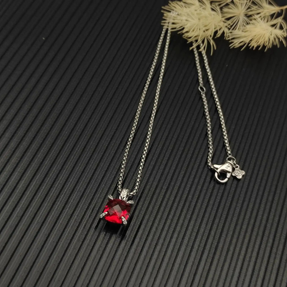 David Yurman Silver Center Stone Gold Four-Prong Red Diamond Necklace - Picture 5 of 6